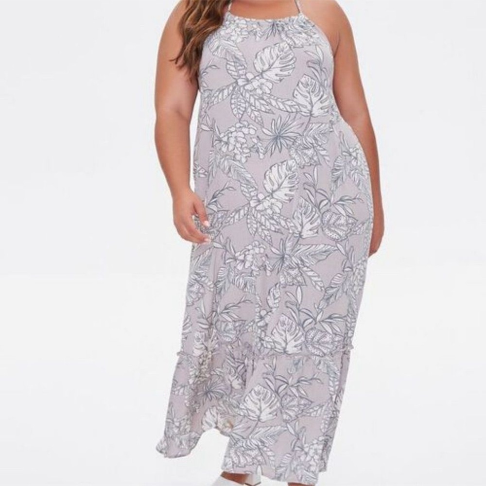 Forever 21 plus size midi blue floral hula Hawaiian print halter dress